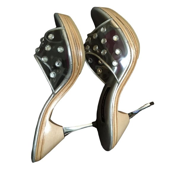 Betsey Johnson Shoes - Vintage Betsey Johnson 9 Polly Pinup Clear Wooden Silver Heel Crystals Lucite